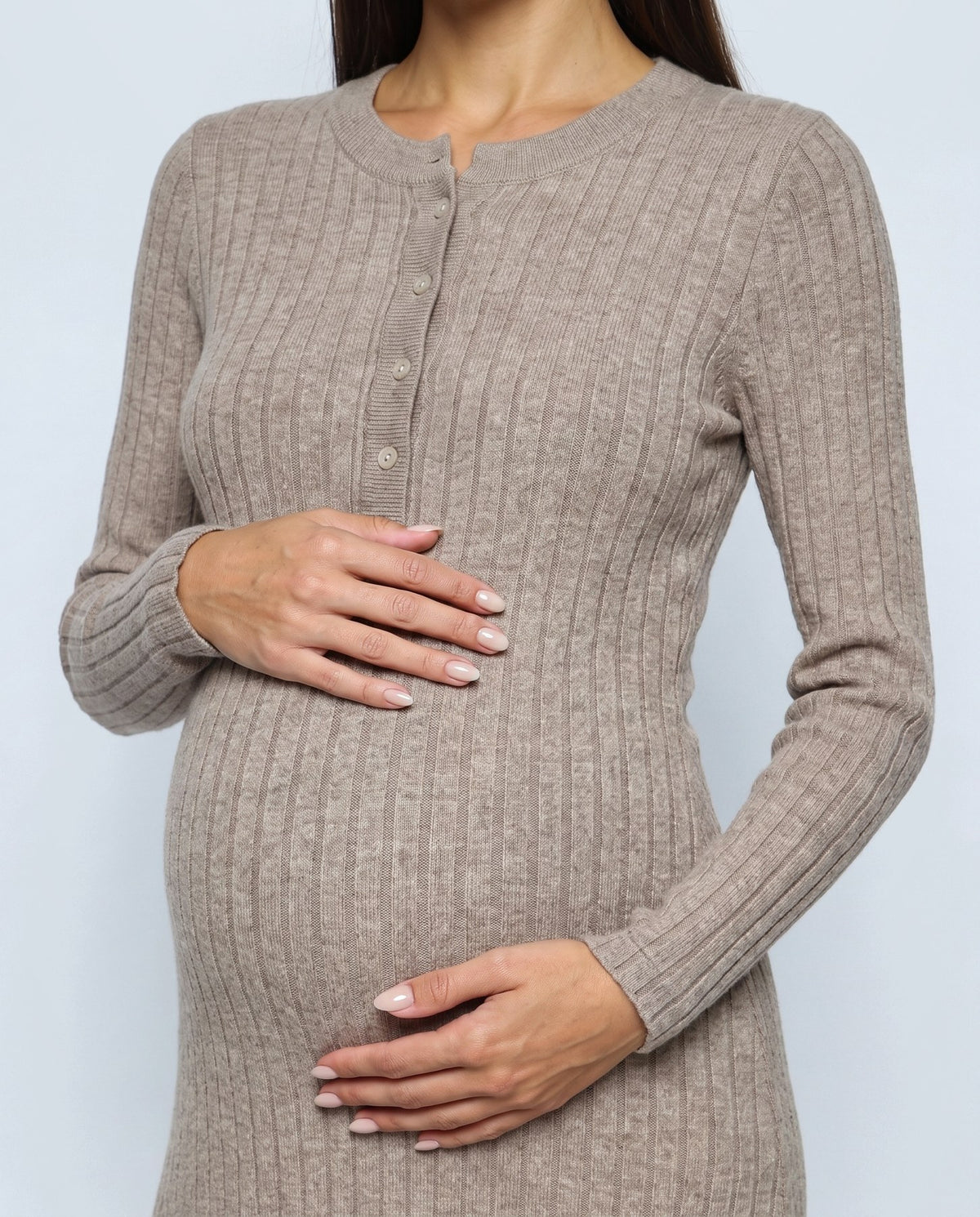Daphne Ribbed Maxi Dress in Oatmeal camel, fabric detail