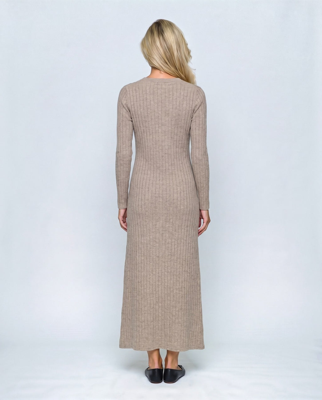 Daphne Ribbed Maxi Dress in Oatmeal camel, back view on a non-pregnant model