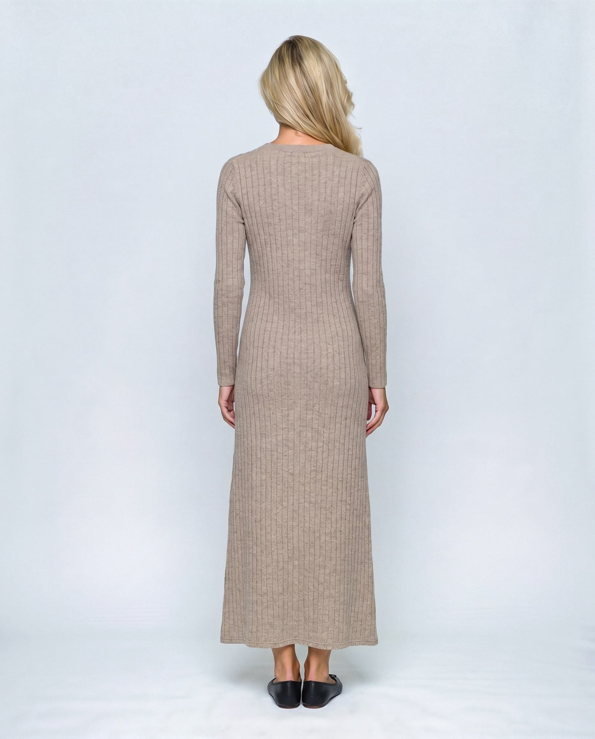 Daphne Ribbed Maxi Dress in Oatmeal camel, back view on a non-pregnant model