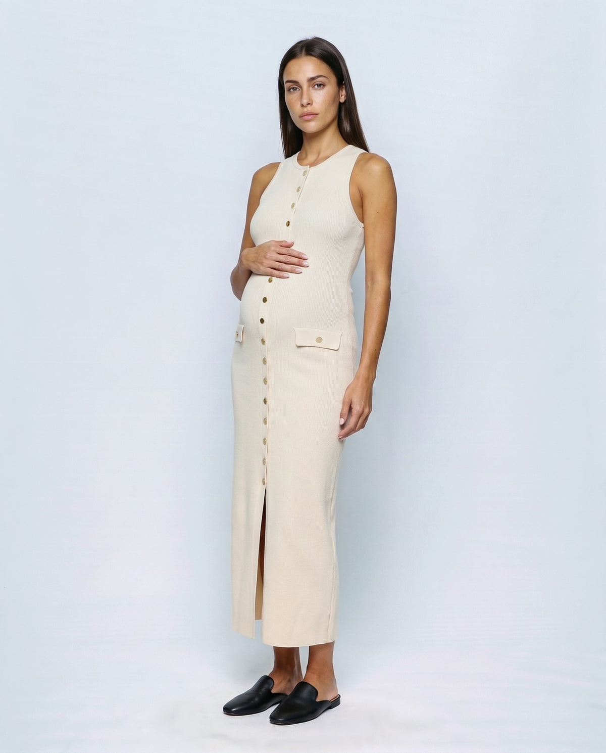 Elise Button-Front Maxi Dress in Cream ecru, front view