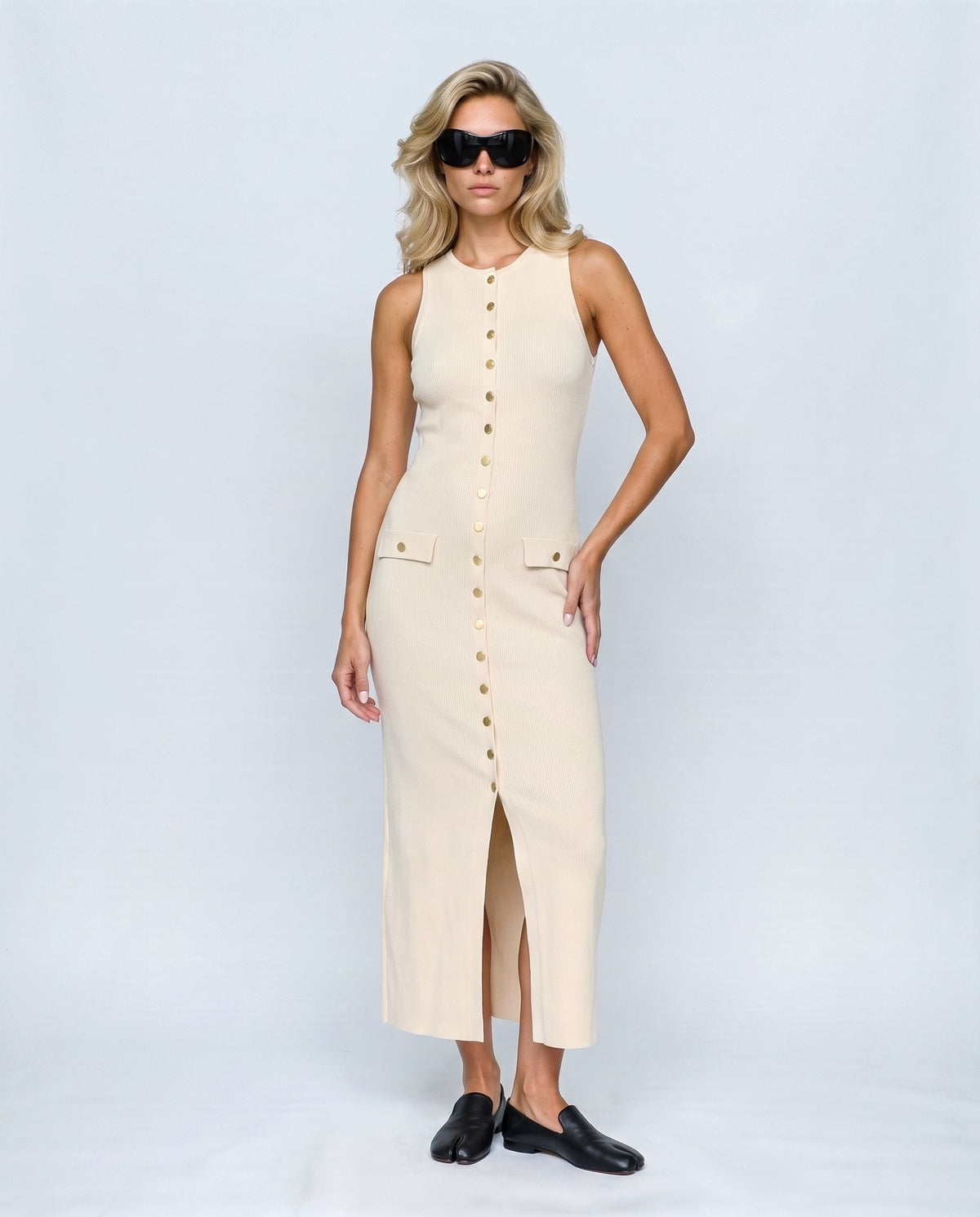 Elise Button-Front Maxi Dress in Cream ecru, front view on a non-pregnant model