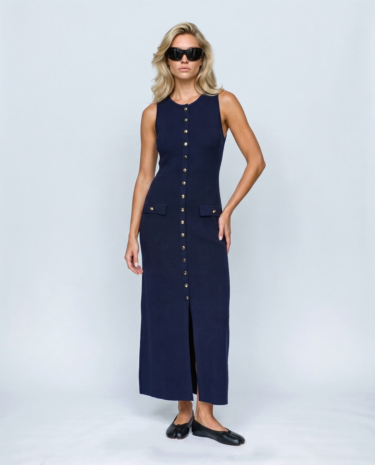 Elise Button-Front Maxi Dress in Navy, front view on a non-pregnant model
