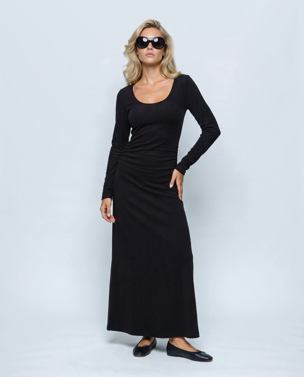 Elodie Long-Sleeve Maxi Dress in Black, front view on a non-pregnant model
