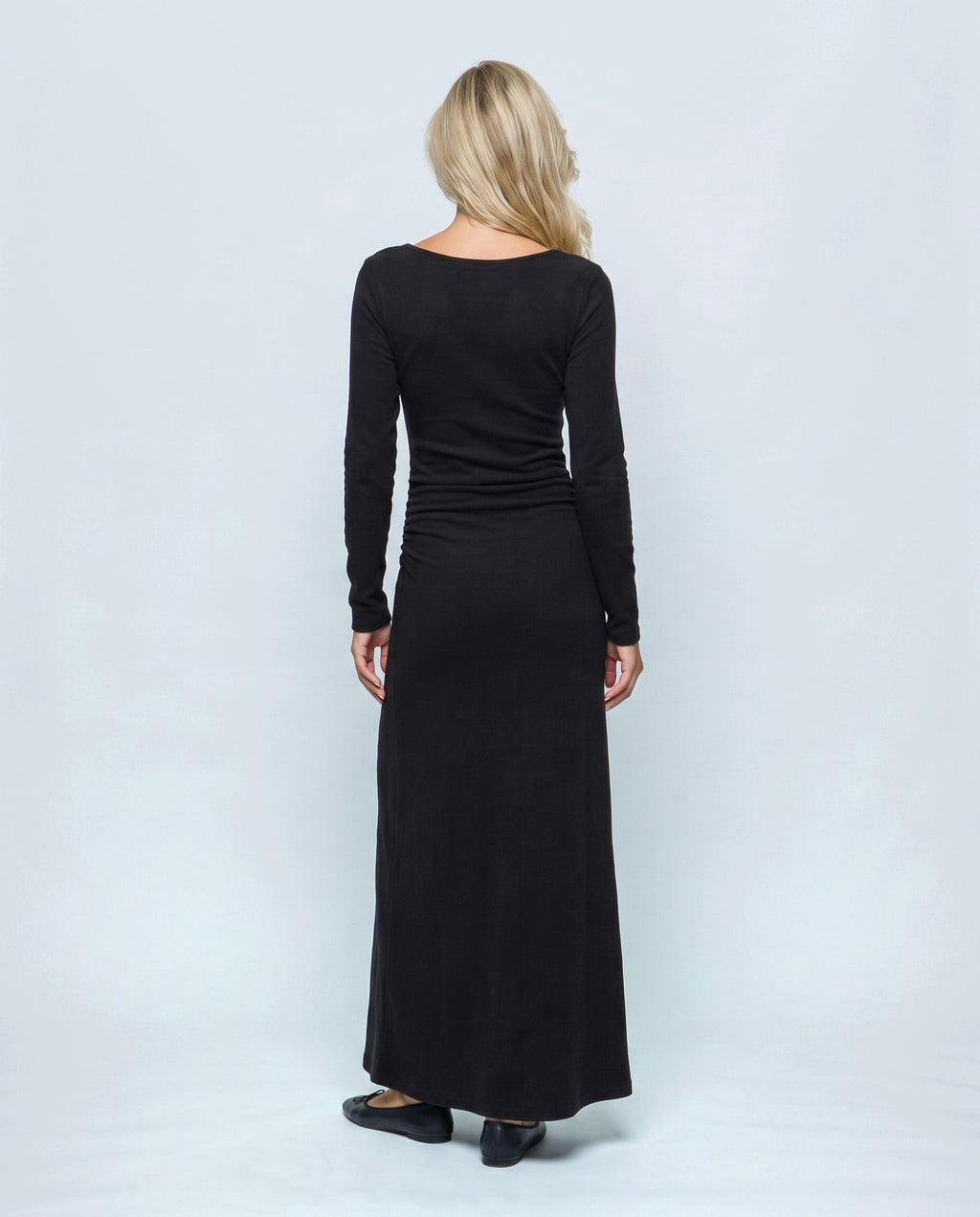 Elodie Long-Sleeve Maxi Dress in Black, back view on a non-pregnant model