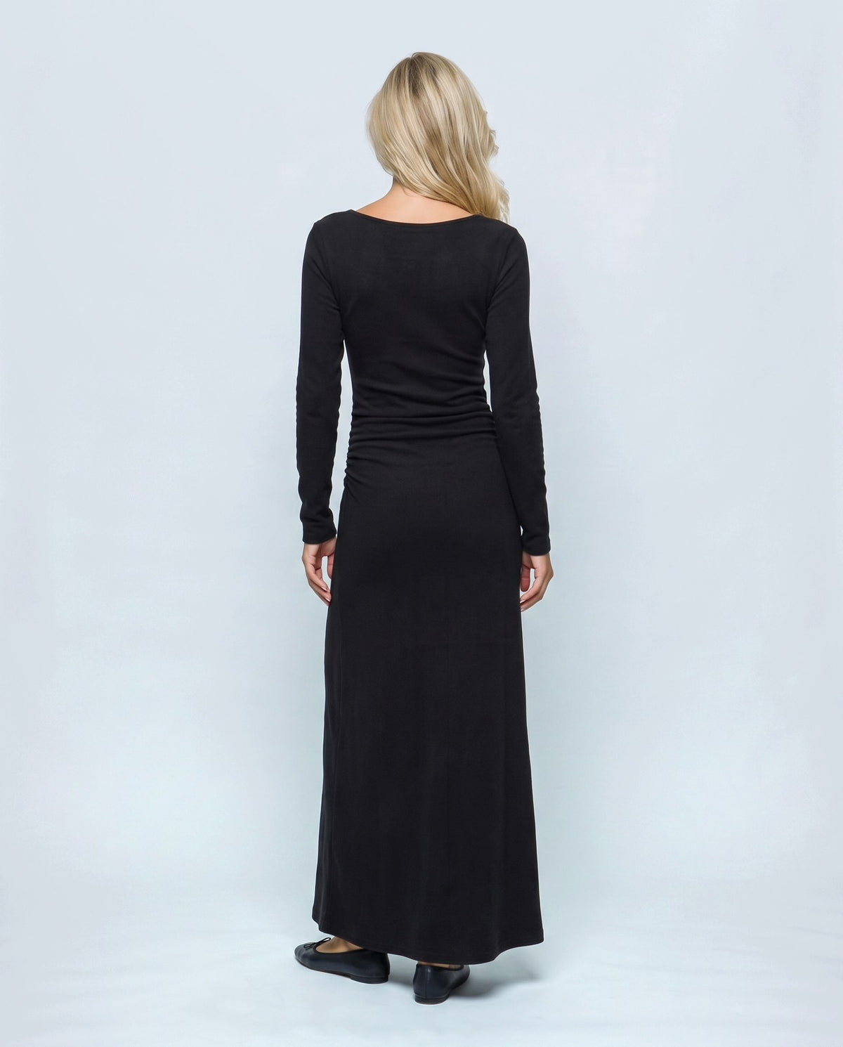 Elodie Long-Sleeve Maxi Dress in Black, back view on a non-pregnant model