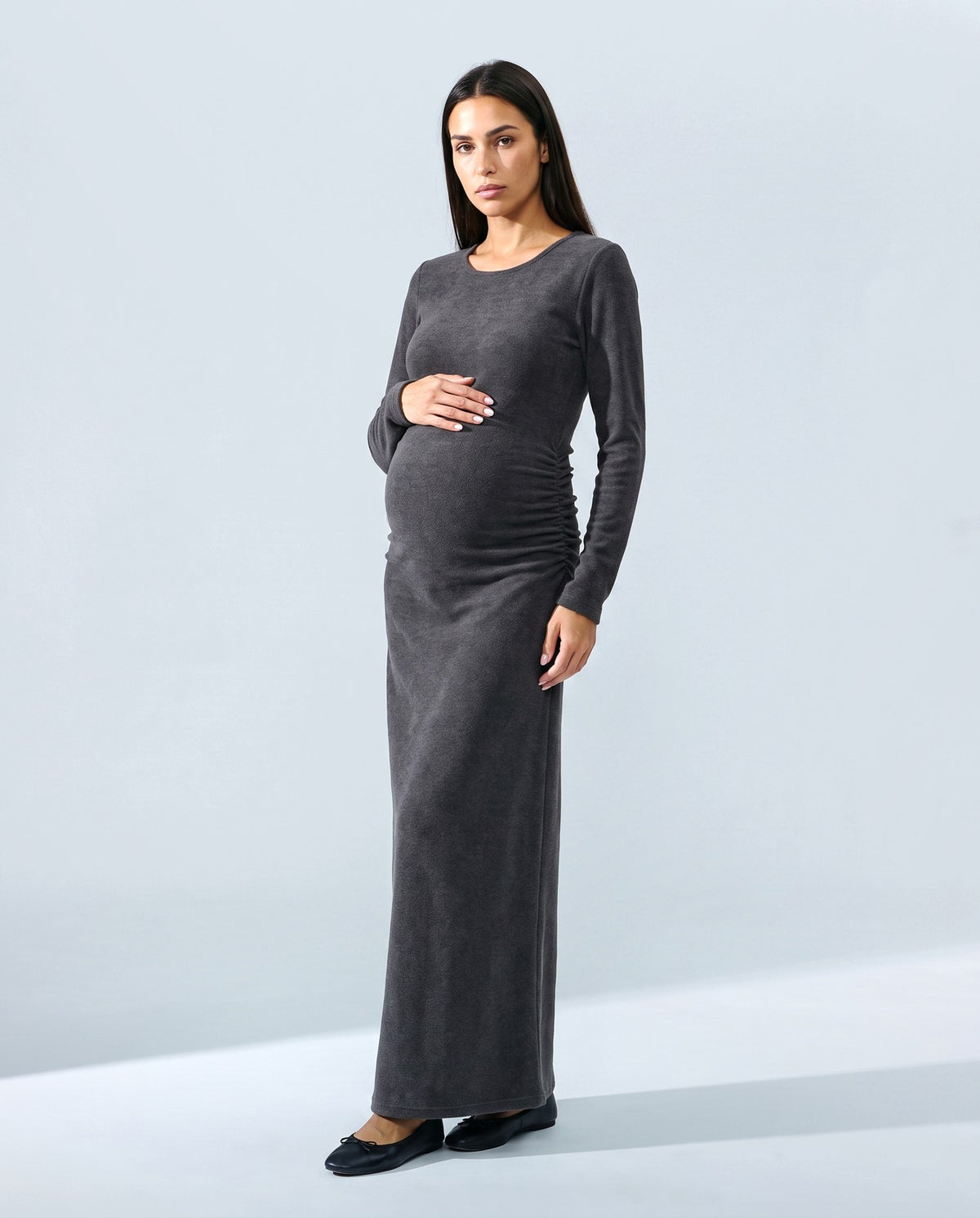 Elodie Long-Sleeve Maxi Dress in Charcoal, front view