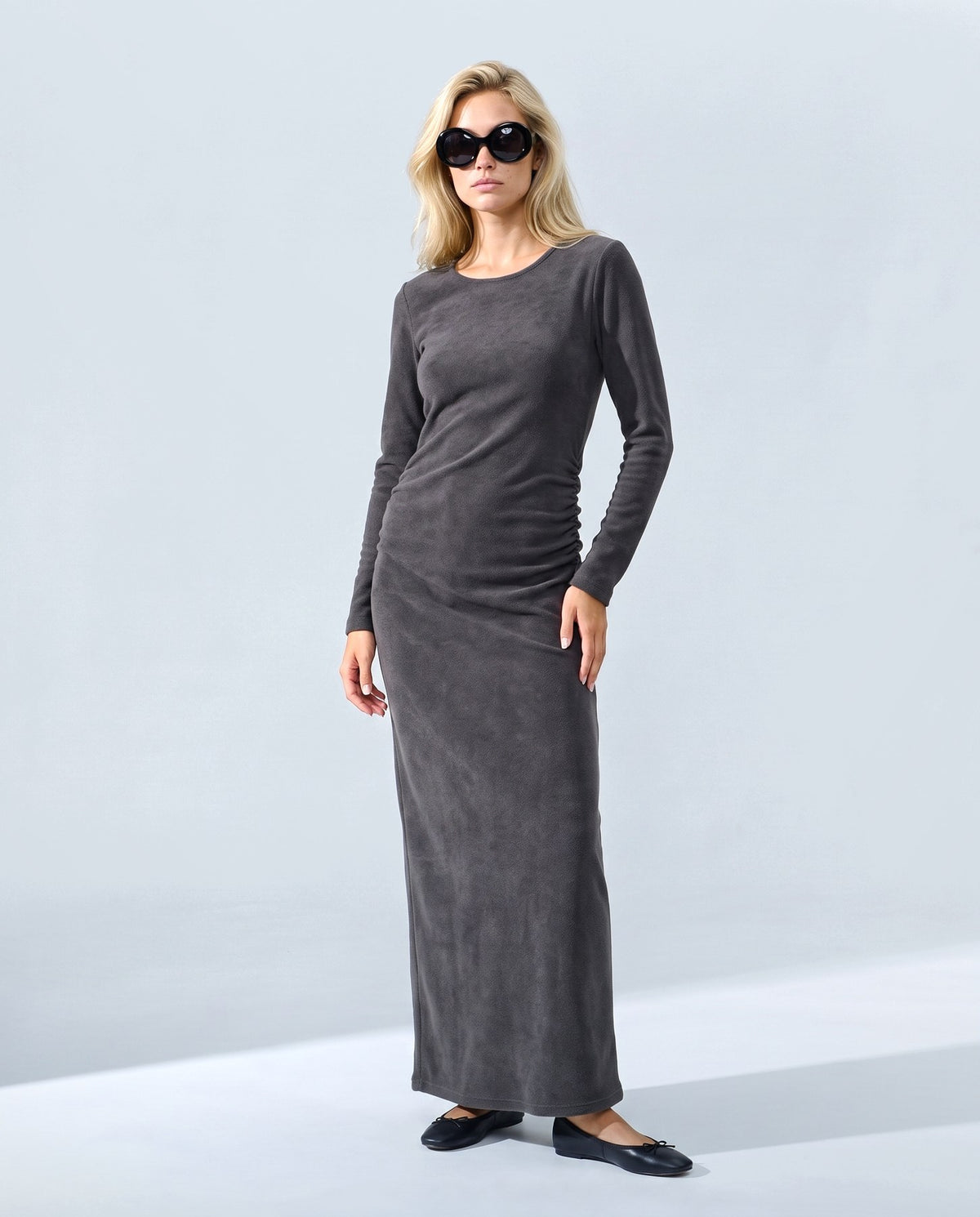 Elodie Long-Sleeve Maxi Dress in Charcoal, front view on a non-pregnant model