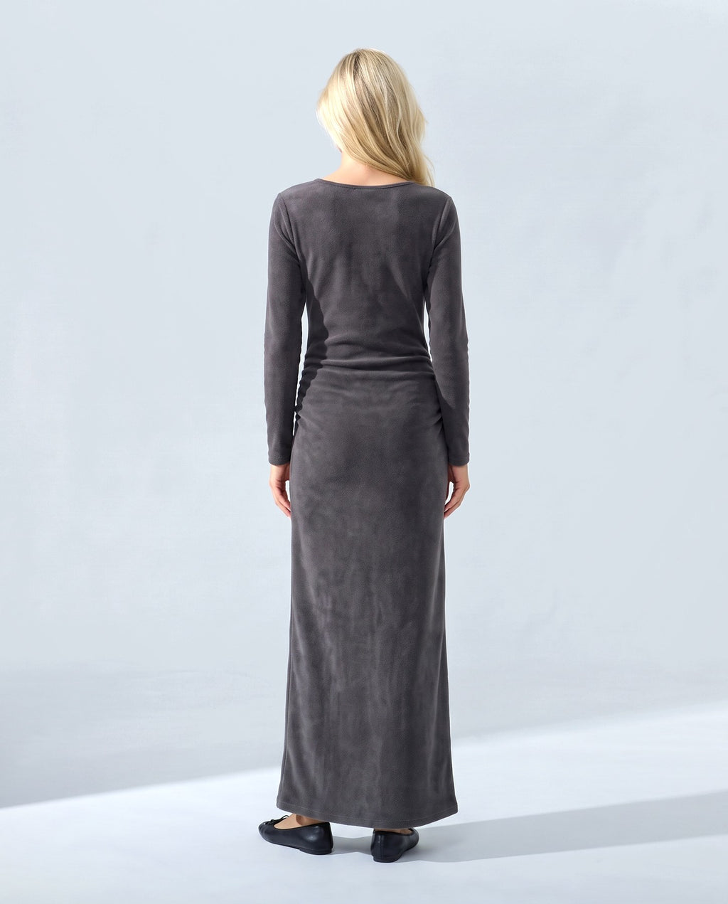 Elodie Long-Sleeve Maxi Dress in Charcoal, back view on a non-pregnant model
