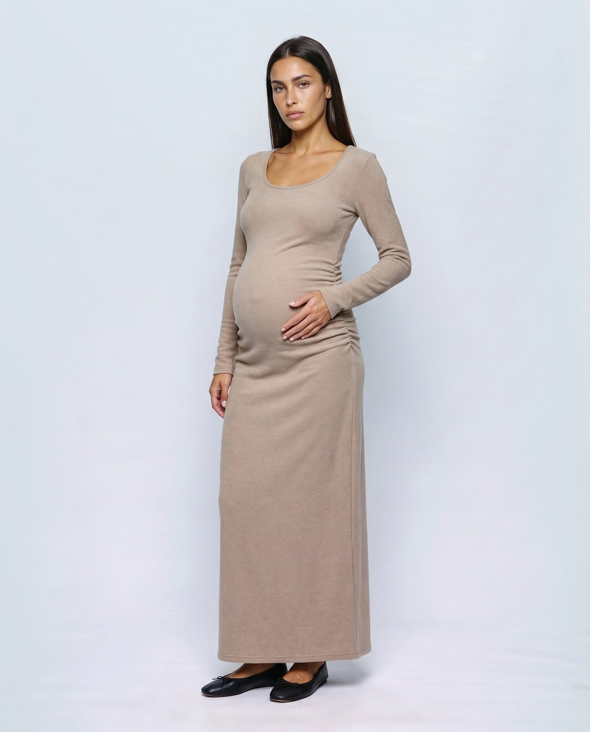 Elodie Long-Sleeve Maxi Dress in Oatmeal beige, front view