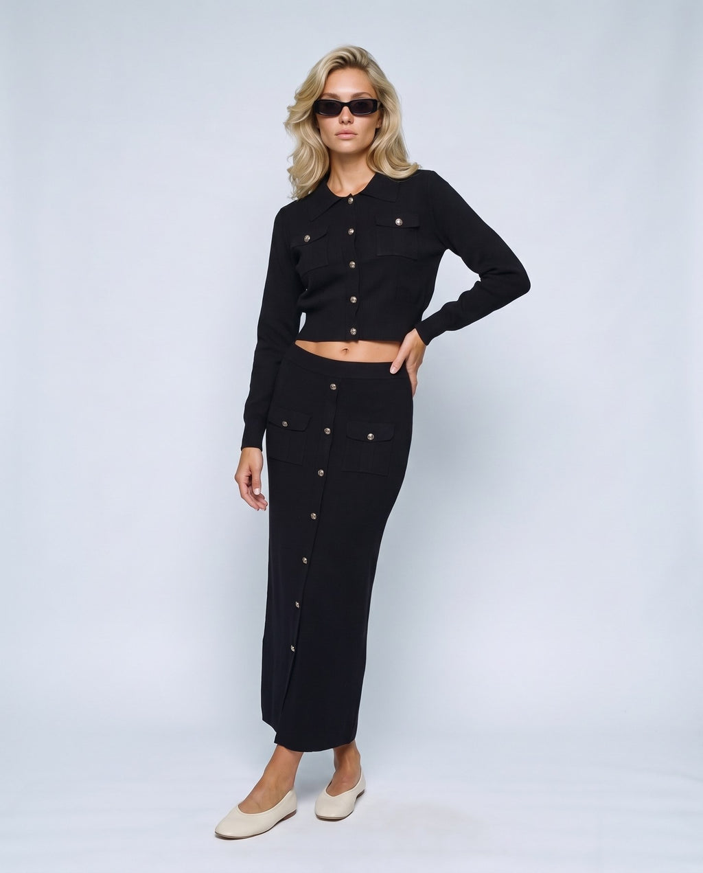 Estelle Shirt & Skirt Set in Black, front view on a non-pregnant model