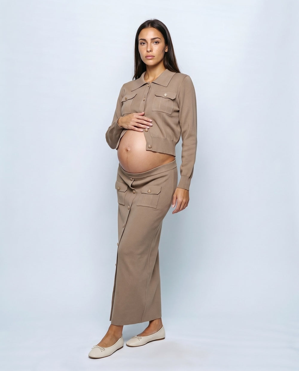 Estelle Shirt & Skirt Set in Khaki, front view