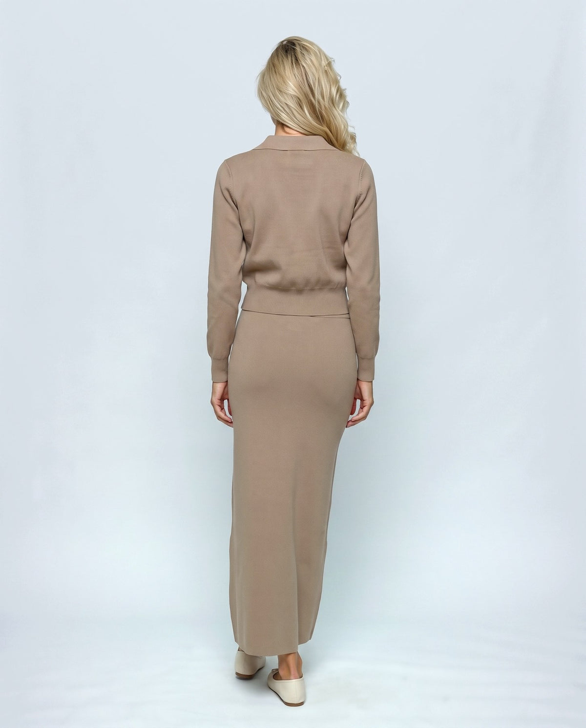 Estelle Shirt & Skirt Set in Khaki, back view on a non-pregnant model