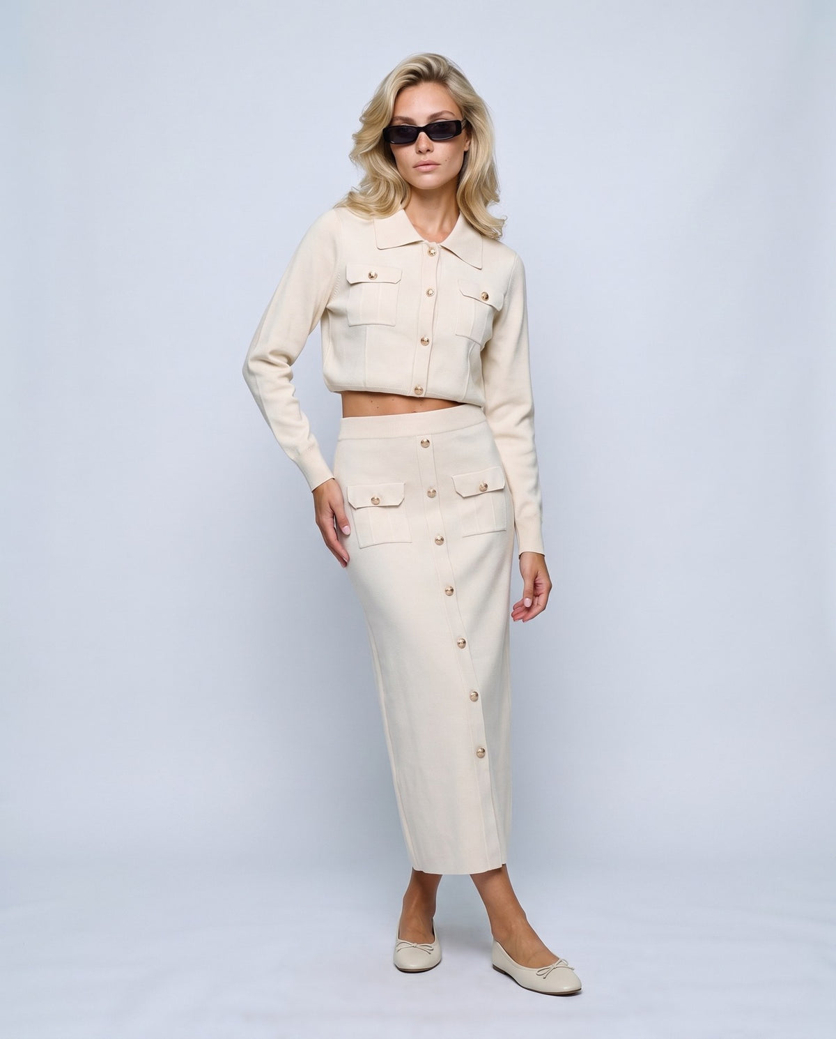 Estelle Shirt & Skirt Set in White, front view on a non-pregnant model