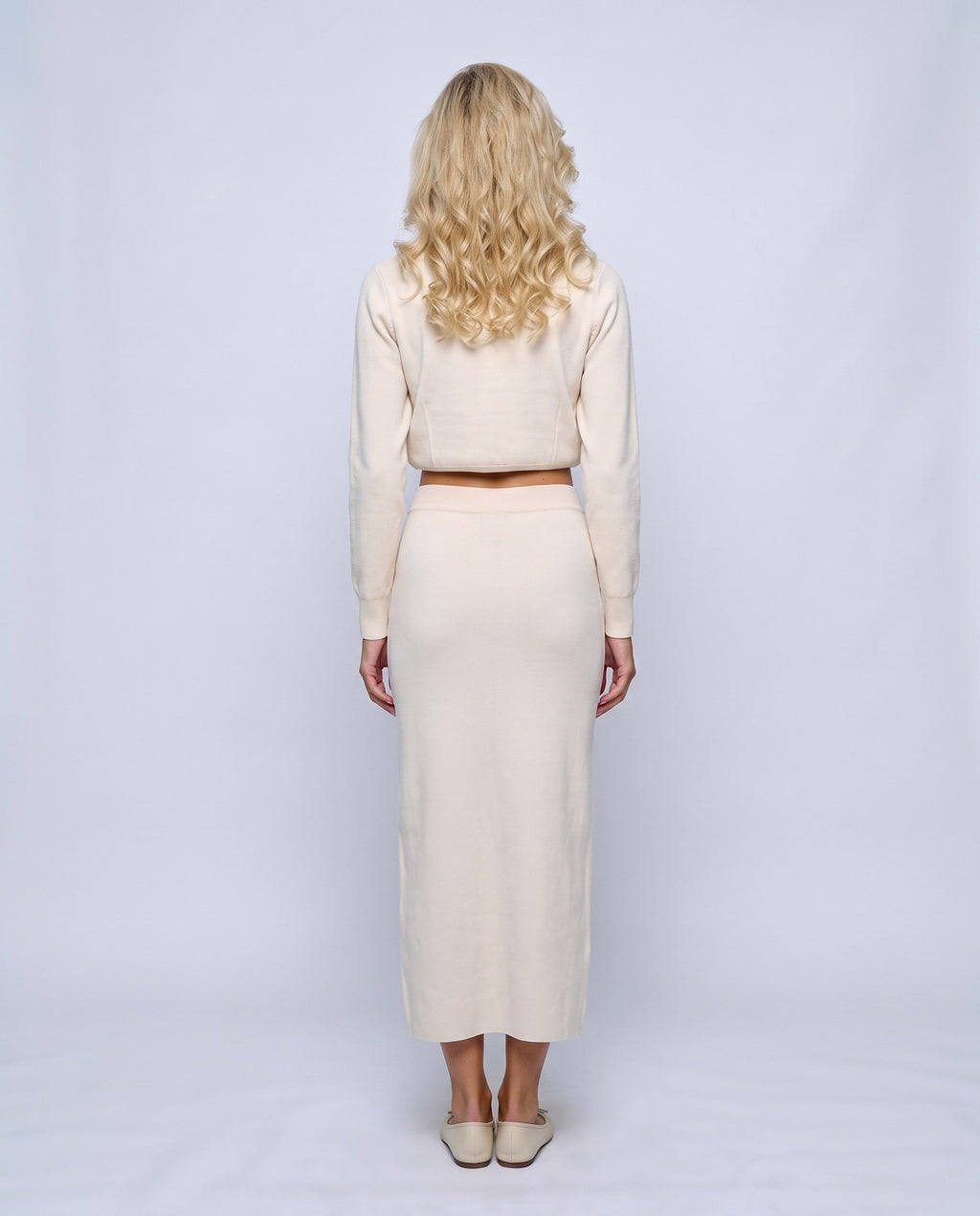 Estelle Shirt & Skirt Set in White, back view on a non-pregnant model
