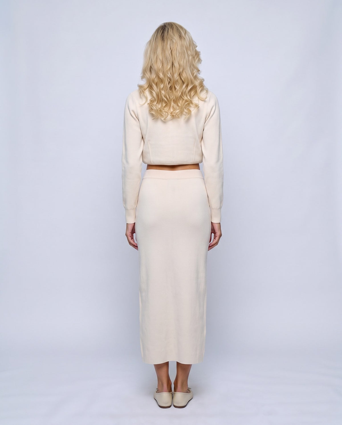 Estelle Shirt & Skirt Set in White, back view on a non-pregnant model