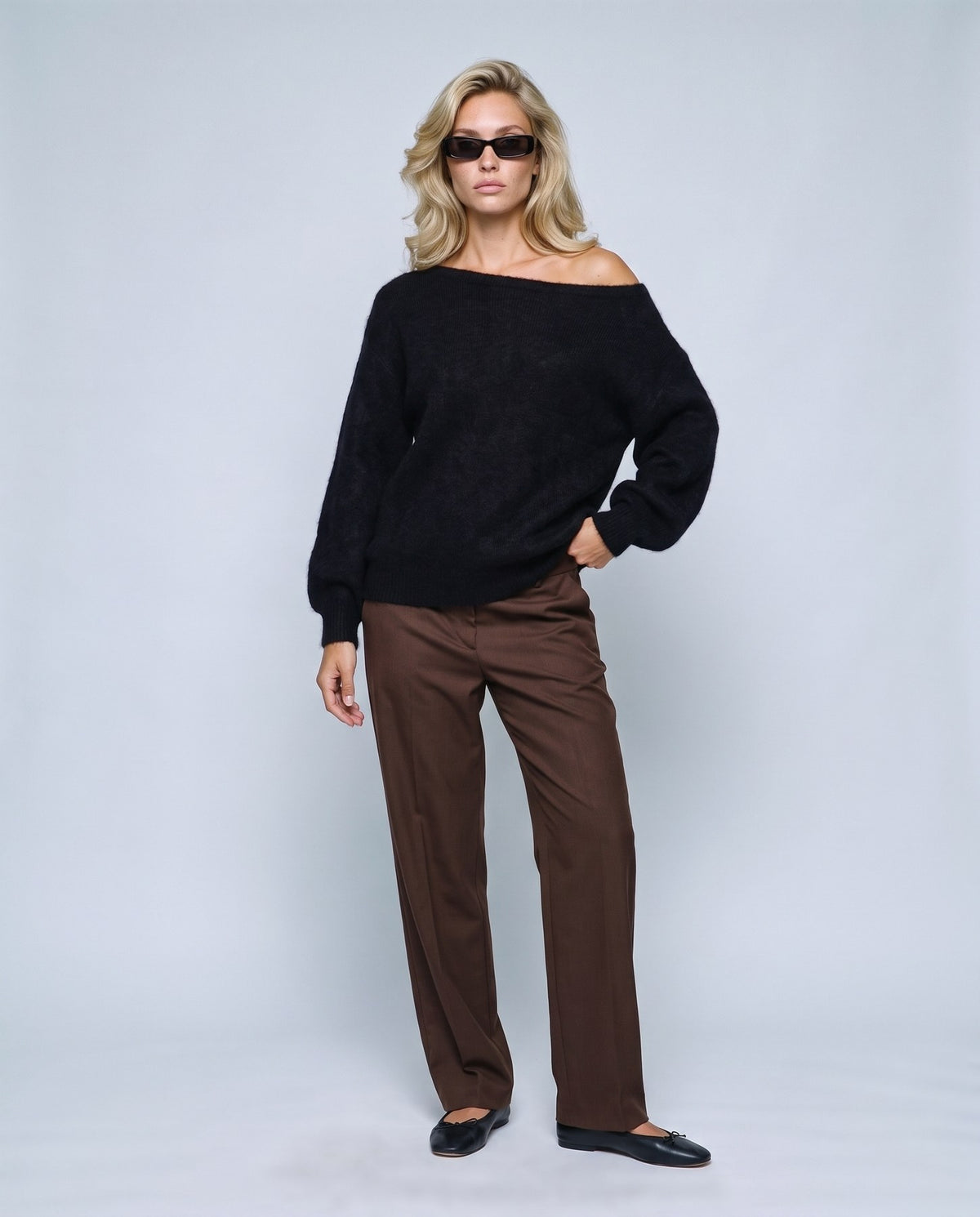 Ines Off-Shoulder Sweater in Black, front view on a non-pregnant model
