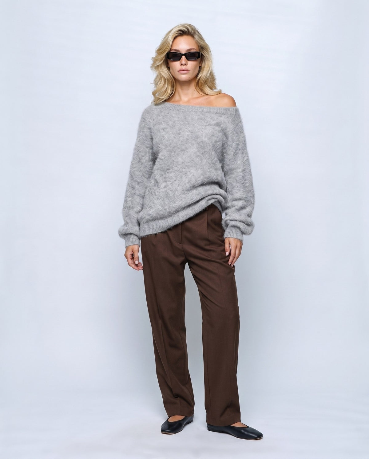 Ines Off-Shoulder Sweater in Grey, front view on a non-pregnant model