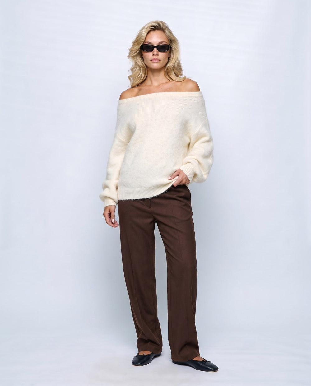 Ines Off-Shoulder Sweater in Ivory, front view on a non-pregnant model
