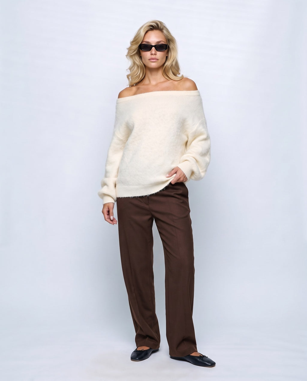 Ines Off-Shoulder Sweater in Ivory, front view on a non-pregnant model