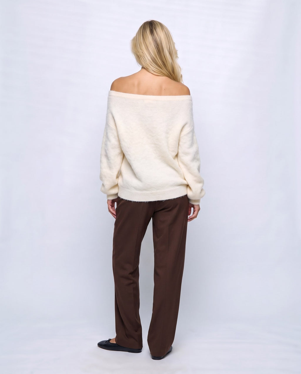 Ines Off-Shoulder Sweater in Ivory, back view on a non-pregnant model
