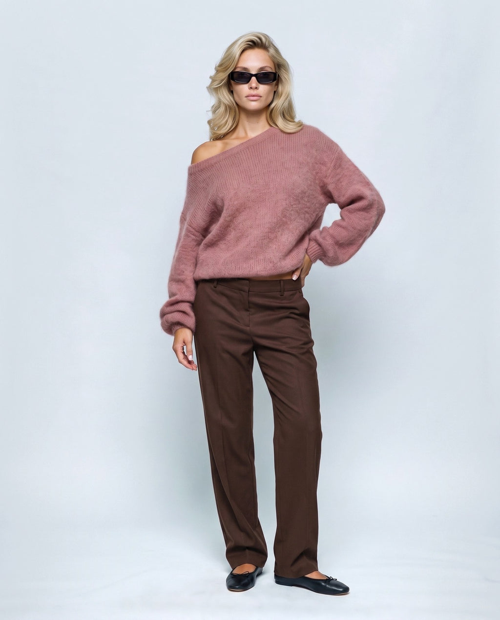 Ines Off-Shoulder Sweater in Rose, front view on a non-pregnant model
