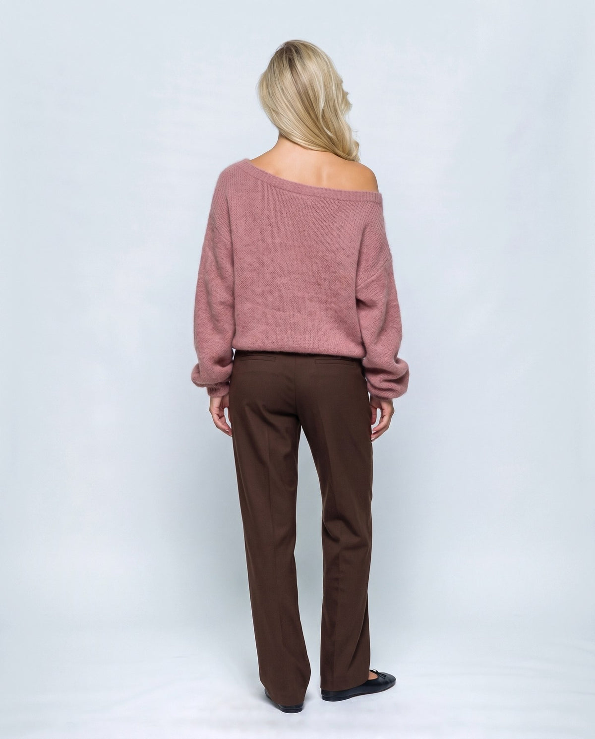 Ines Off-Shoulder Sweater in Rose, back view on a non-pregnant model