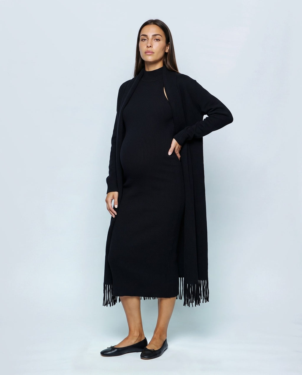 Juliette Cardigan & Slip Dress Set in Black, front view