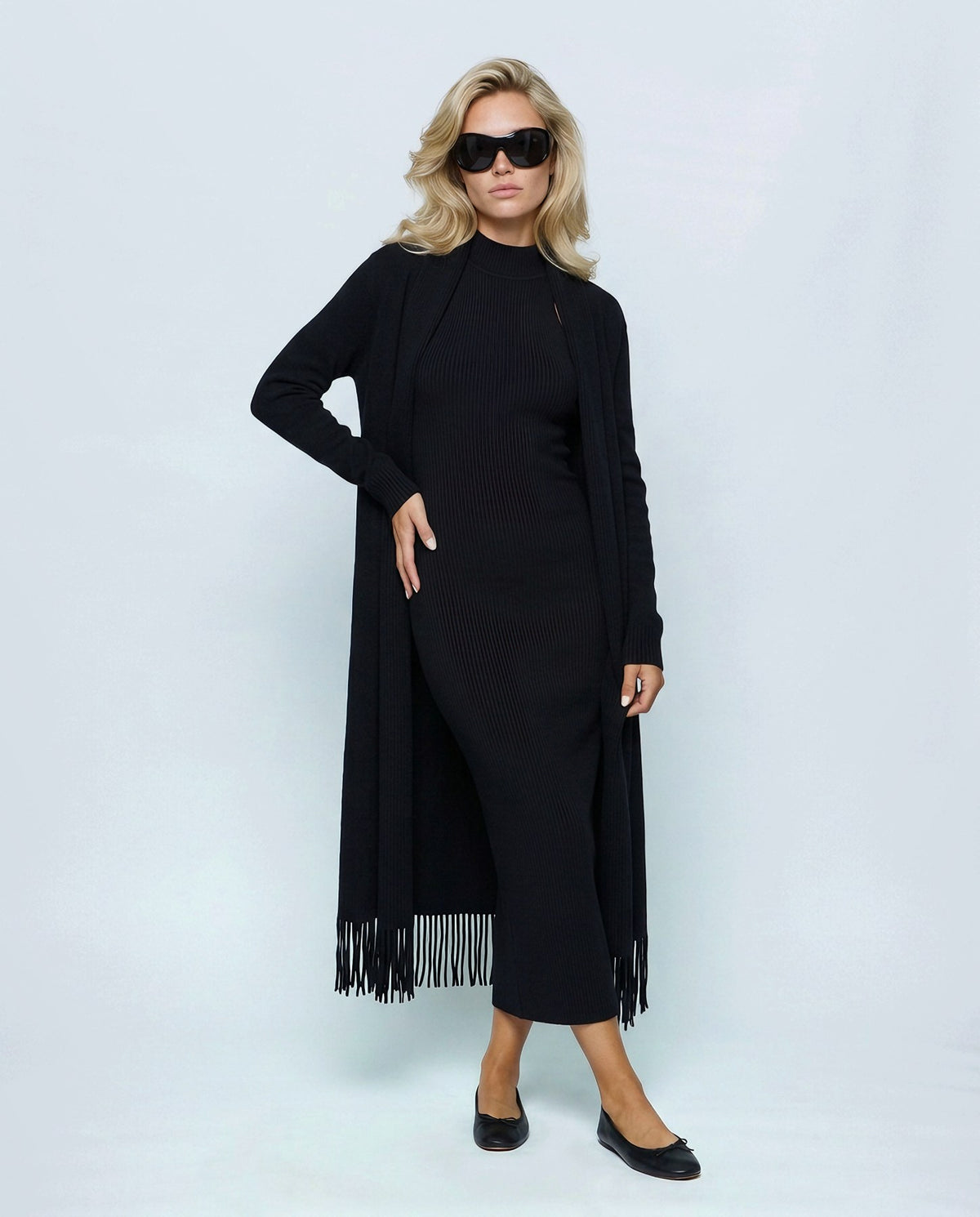 Juliette Cardigan & Slip Dress Set in Black, front view on a non-pregnant model