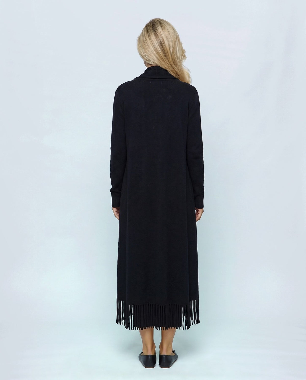 Juliette Cardigan & Slip Dress Set in Black, back view on a non-pregnant model