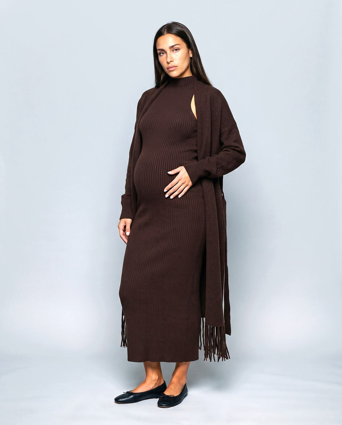 Juliette Cardigan & Slip Dress Set in Brown, front view