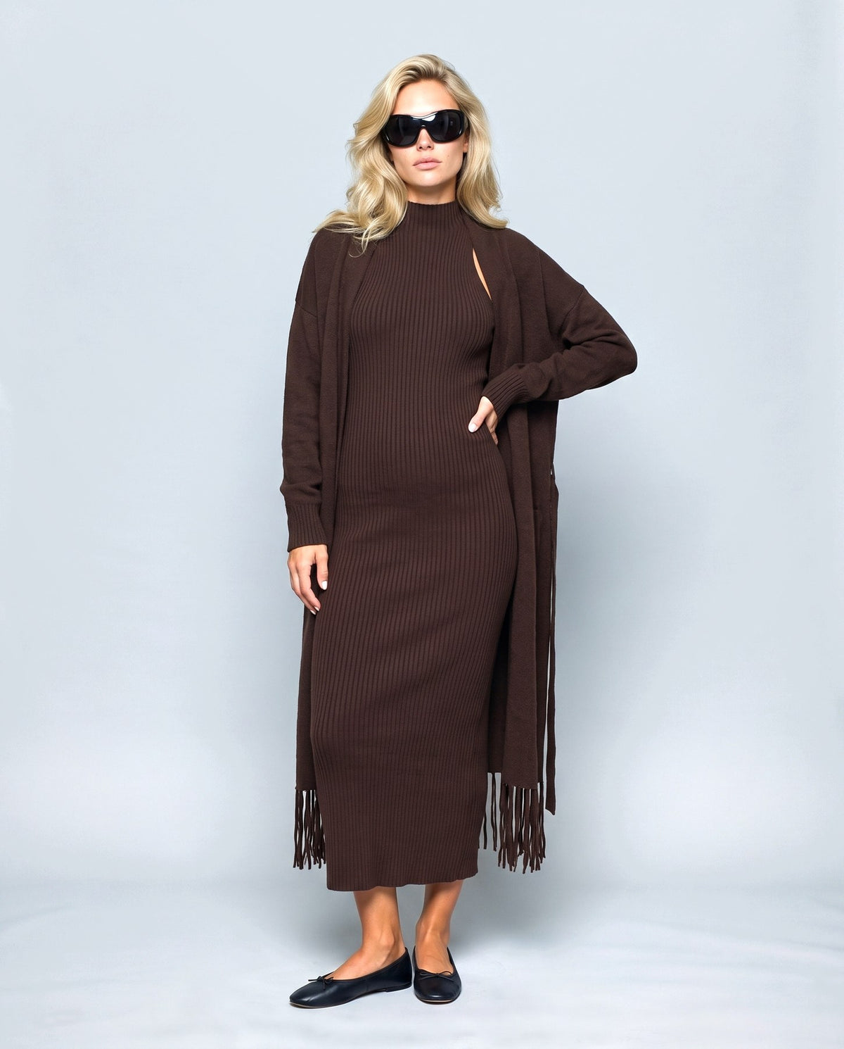 Juliette Cardigan & Slip Dress Set in Brown, front view on a non-pregnant model