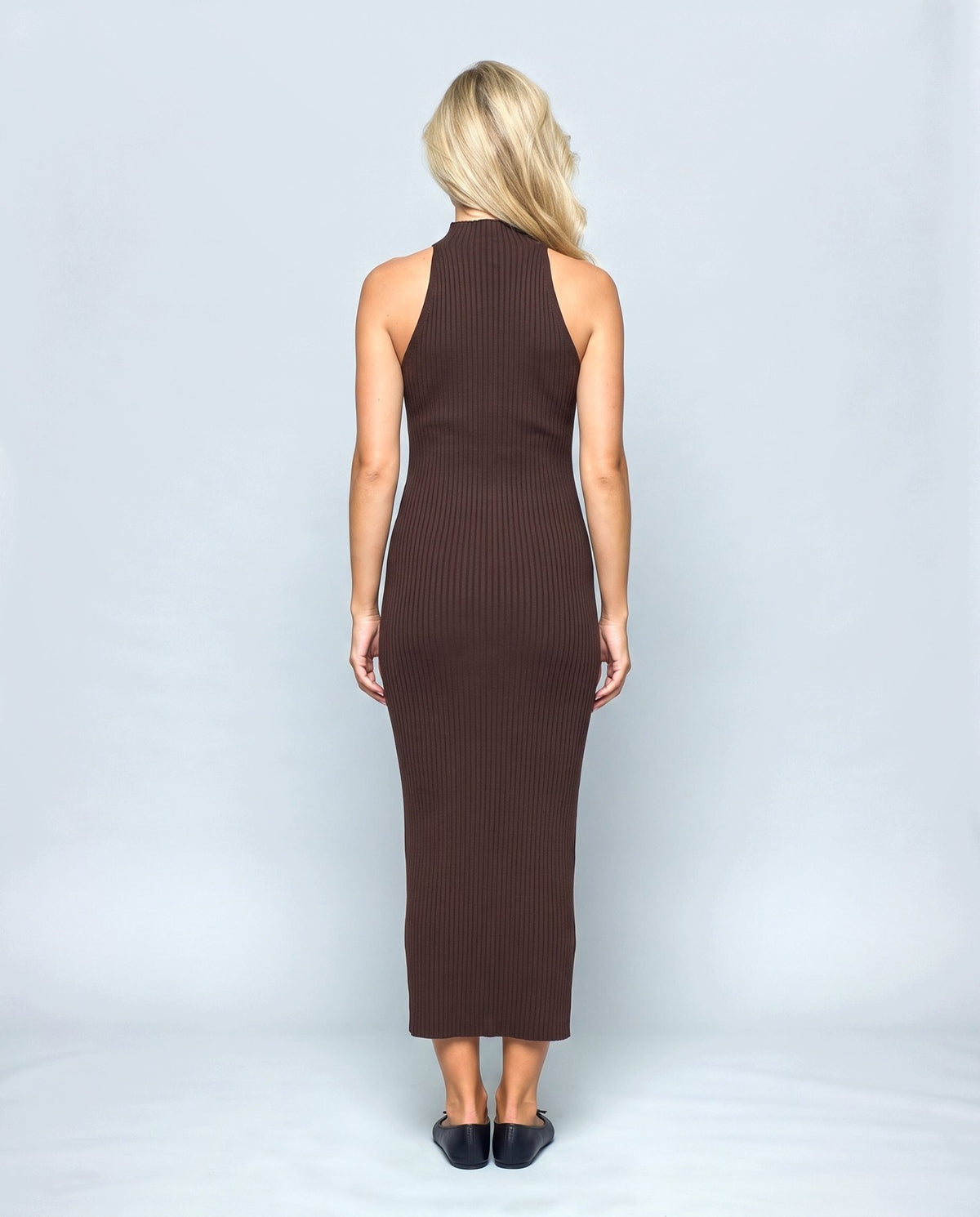 Juliette Cardigan & Slip Dress Set in Brown, back view on a non-pregnant model