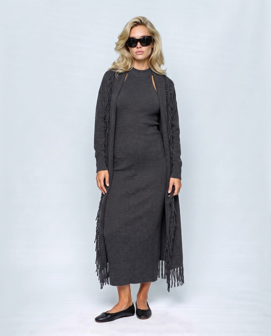 Juliette Cardigan & Slip Dress Set in Charcoal, front view on a non-pregnant model