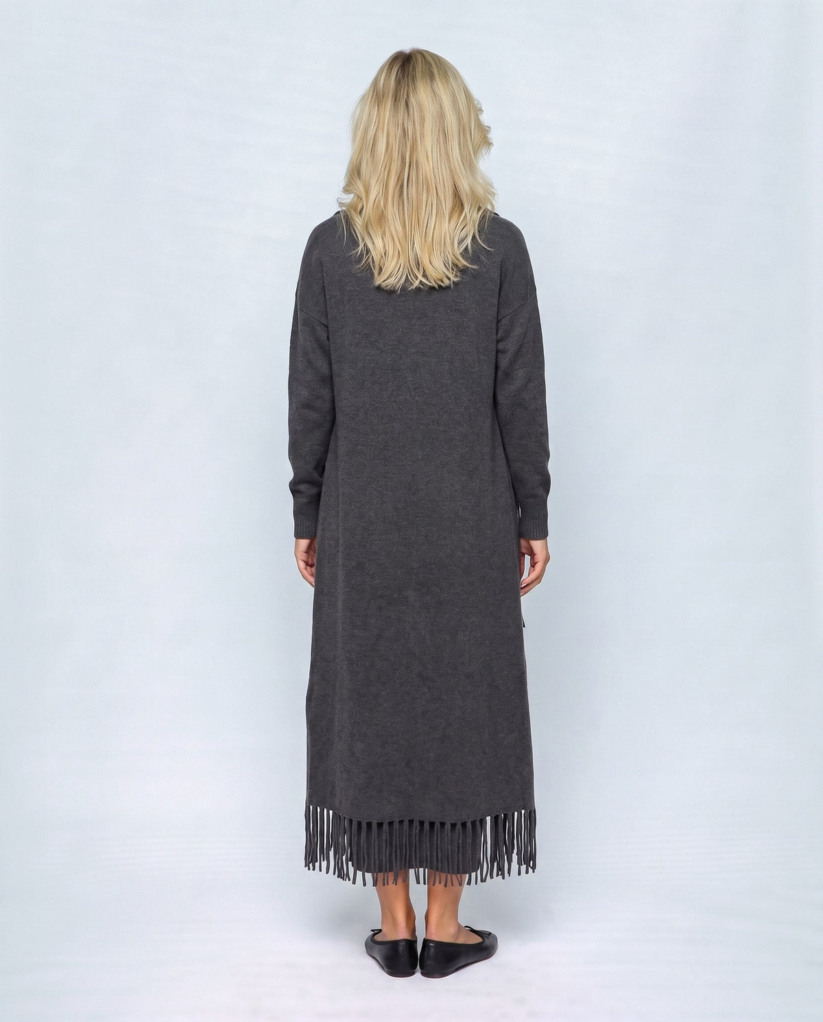 Juliette Cardigan & Slip Dress Set in Charcoal, back view on a non-pregnant model