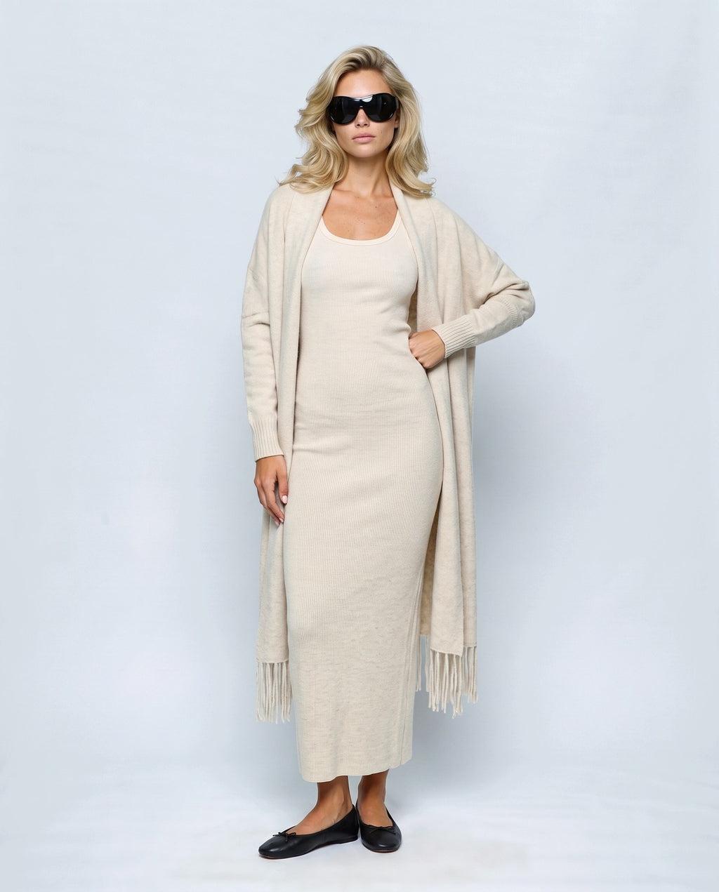 Juliette Cardigan & Slip Dress Set in Oatmeal cream, front view on a non-pregnant model