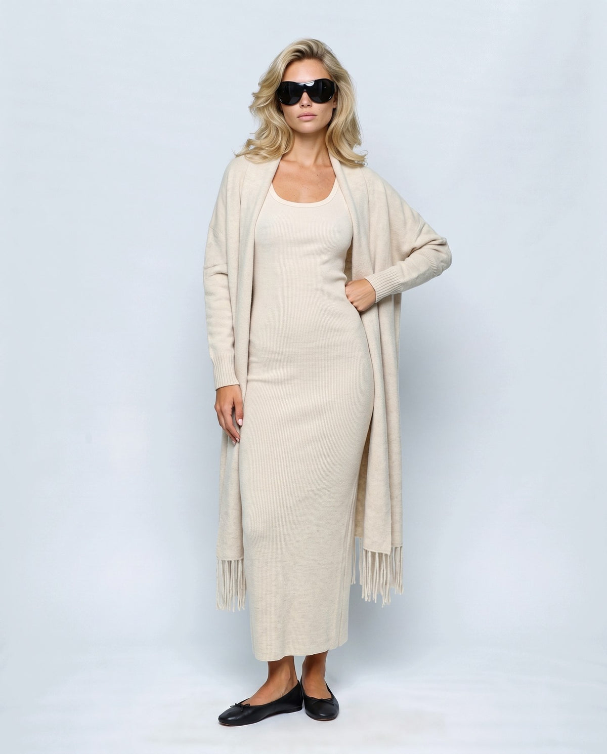 Juliette Cardigan & Slip Dress Set in Oatmeal cream, front view on a non-pregnant model