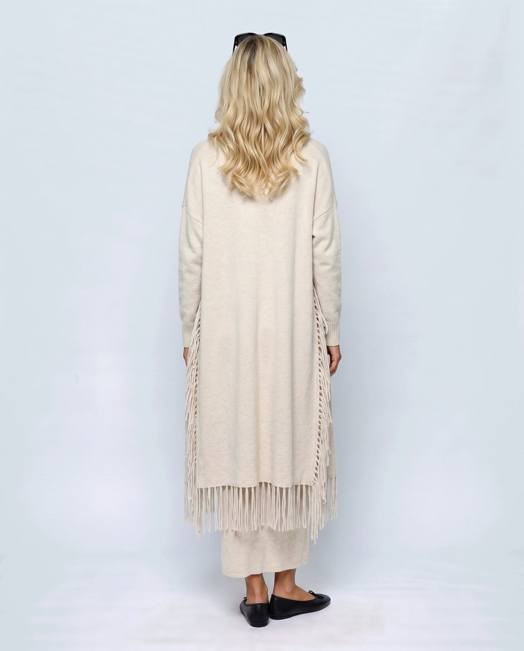 Juliette Cardigan & Slip Dress Set in Oatmeal cream, back view on a non-pregnant model