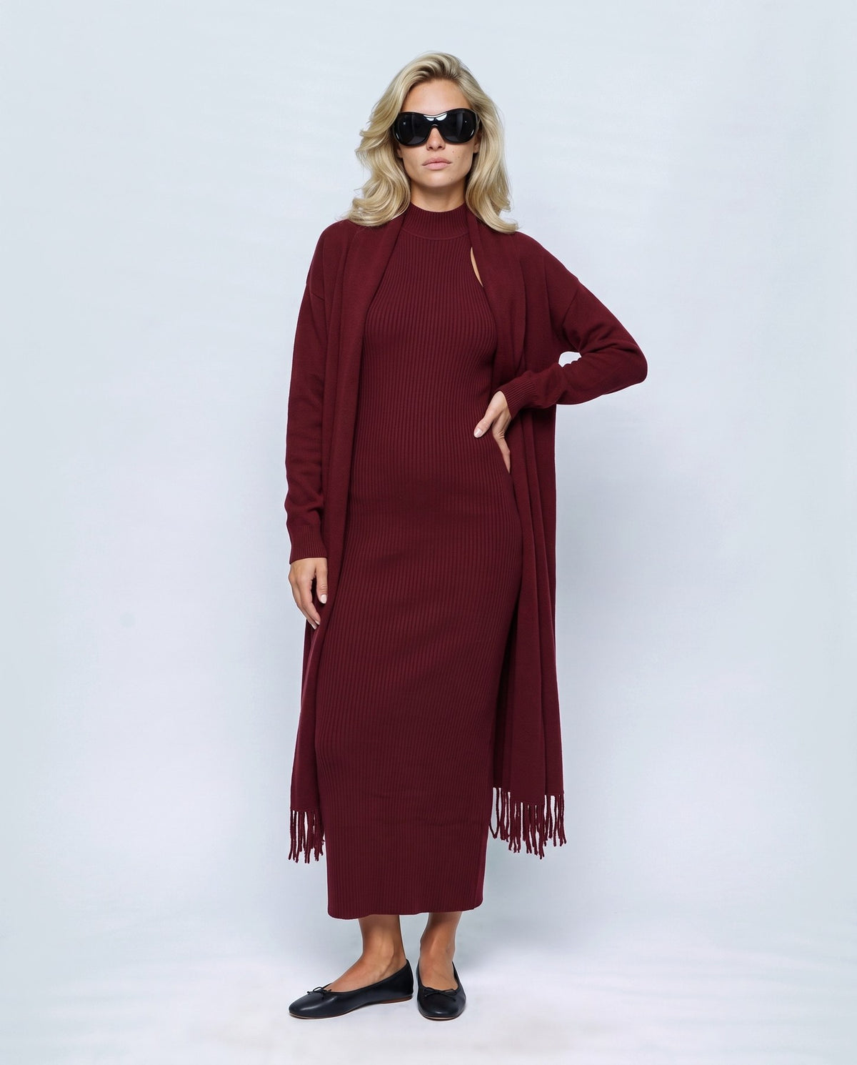 Juliette Cardigan & Slip Dress Set in Wine, front view on a non-pregnant model