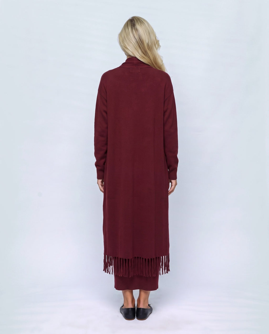 Juliette Cardigan & Slip Dress Set in Wine, back view on a non-pregnant model