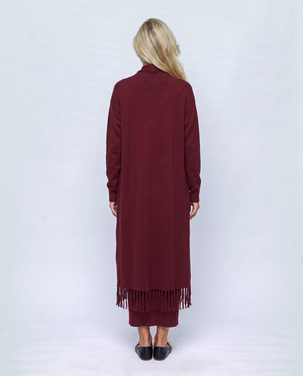 Juliette Cardigan & Slip Dress Set in Wine, back view on a non-pregnant model