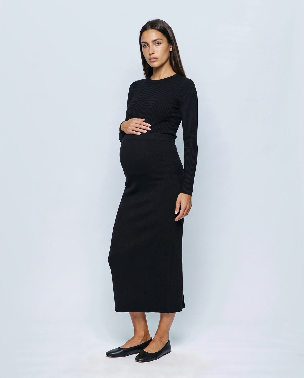 Lena Over-Belly Pencil Skirt in Black, front view