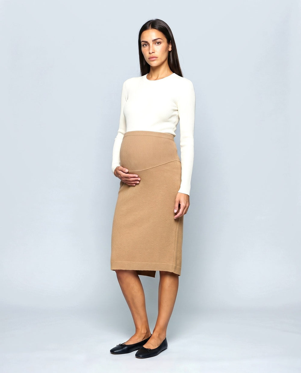 Lena Over-Belly Pencil Skirt in Camel, front view
