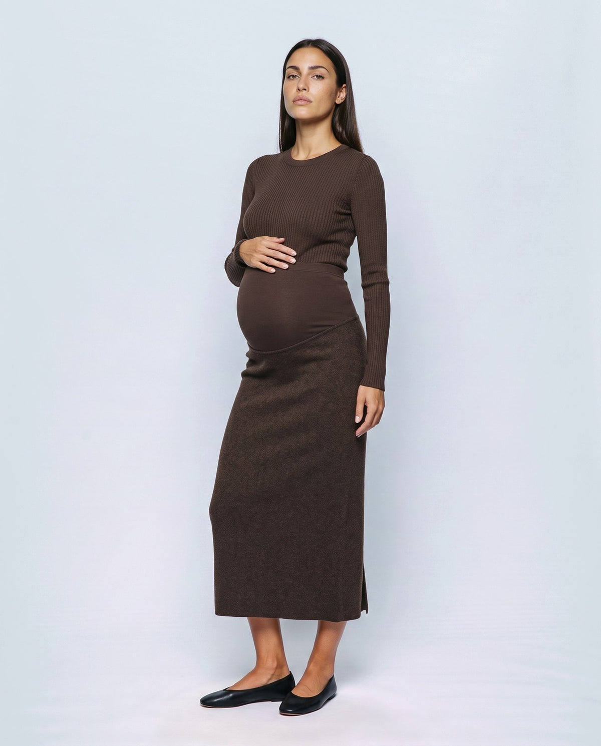 Lena Over-Belly Pencil Skirt in Chocolate, front view