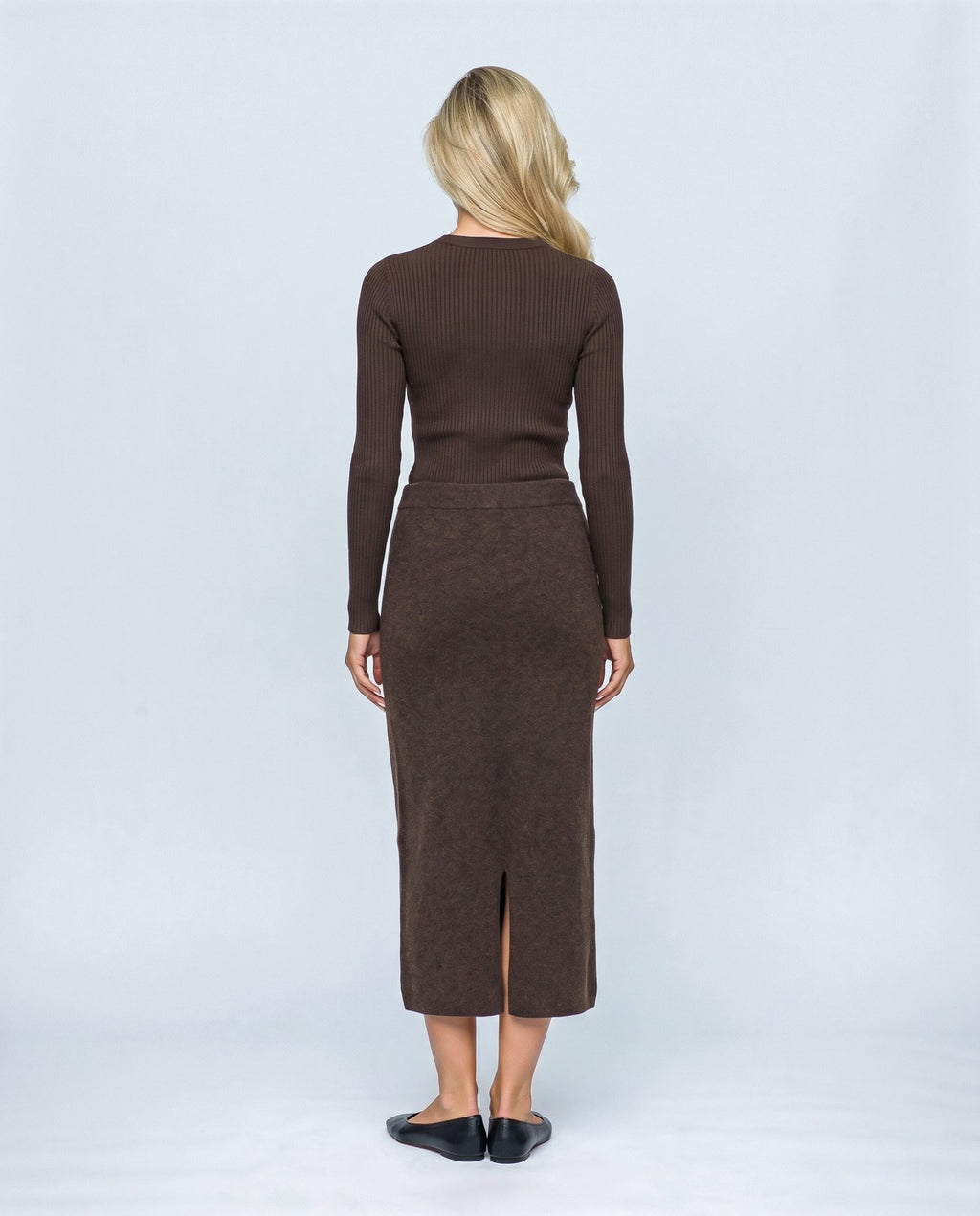 Lena Over-Belly Pencil Skirt in Chocolate, back view on a non-pregnant model