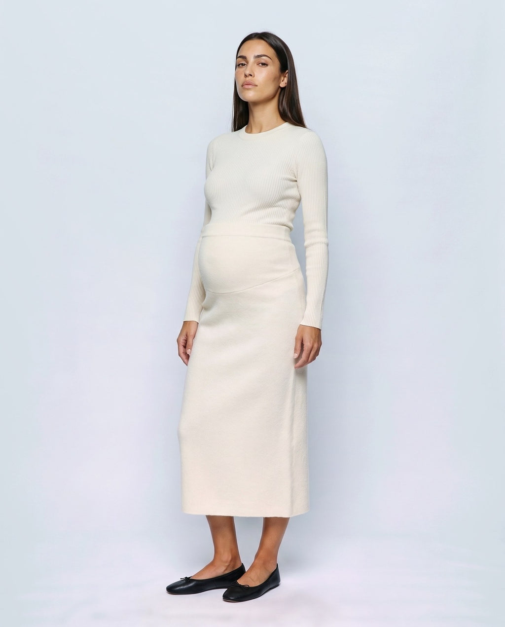 Lena Over-Belly Pencil Skirt in Cream, front view