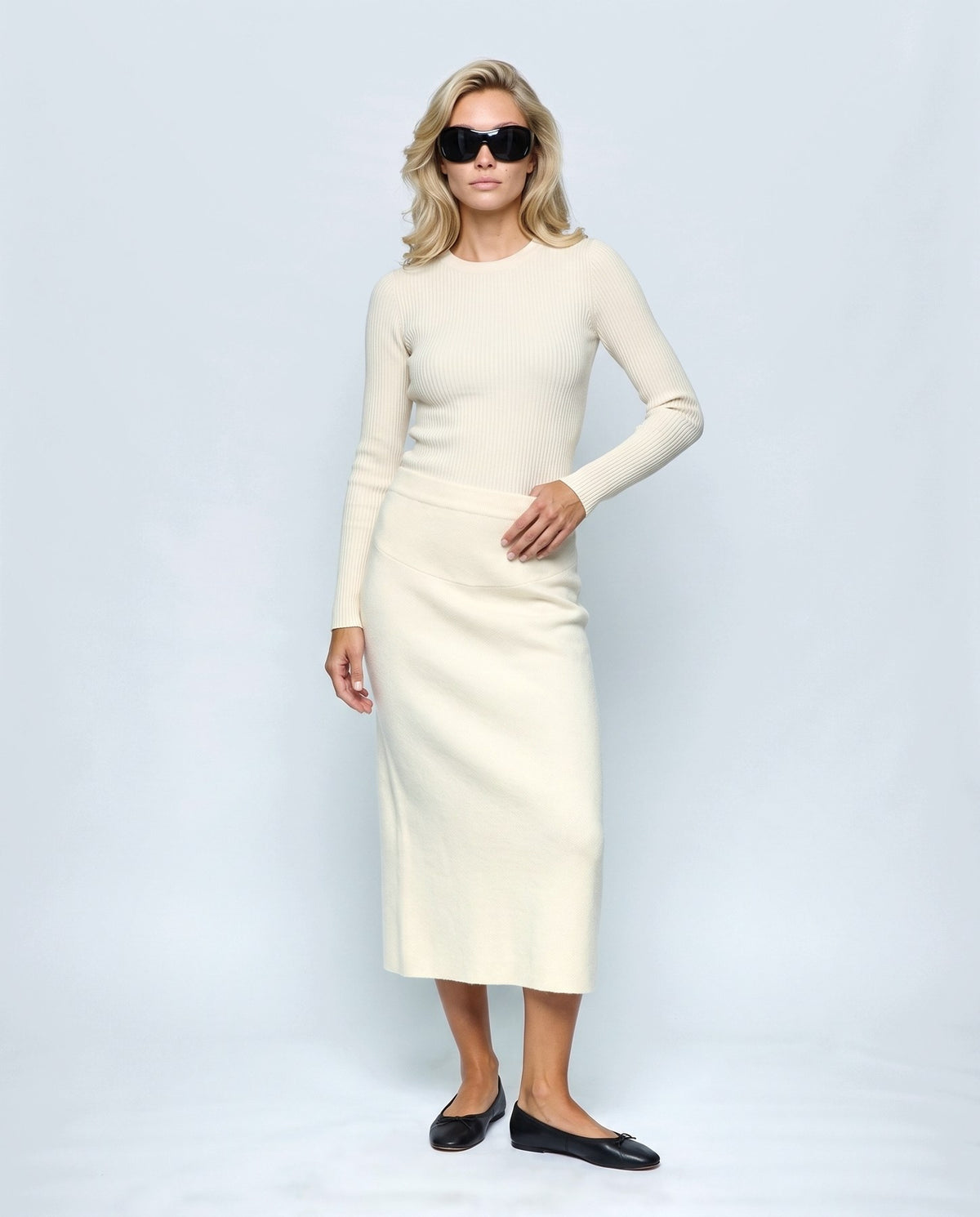 Lena Over-Belly Pencil Skirt in Cream, front view on a non-pregnant model