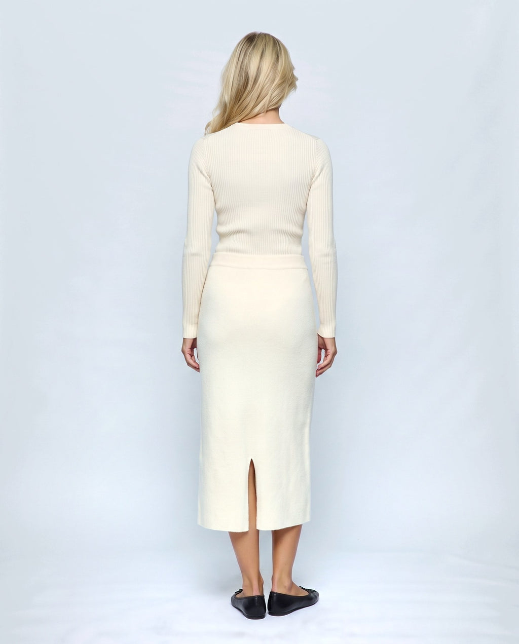 Lena Over-Belly Pencil Skirt in Cream, back view on a non-pregnant model