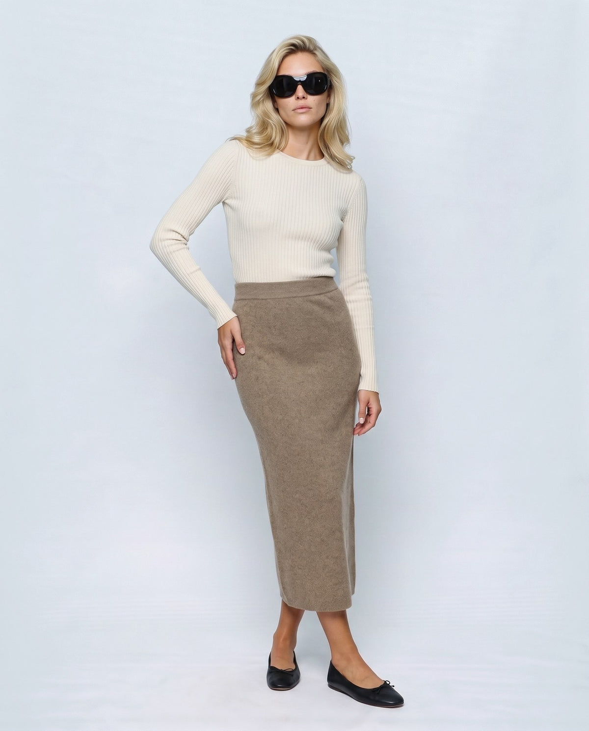 Lena Over-Belly Pencil Skirt in Taupe, front view on a non-pregnant model