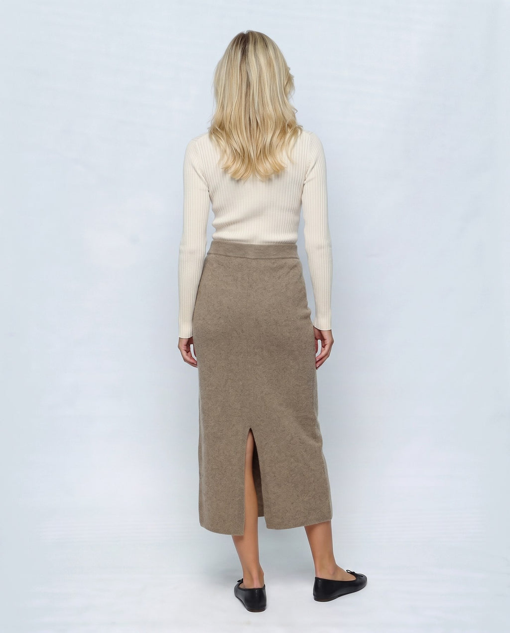 Lena Over-Belly Pencil Skirt in Taupe, back view on a non-pregnant model