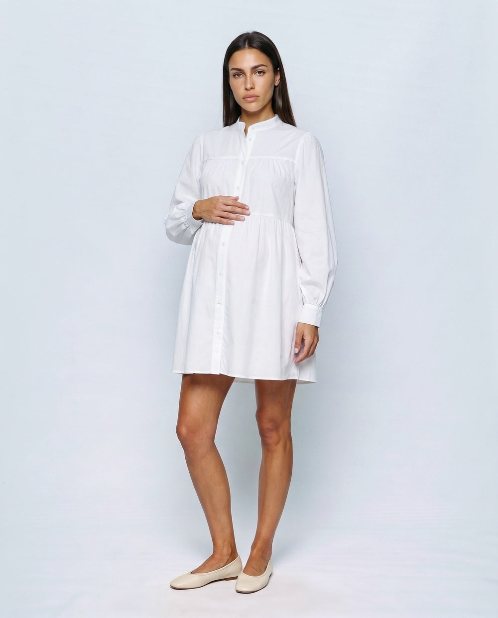 Leonie Maternity Shirt Dress in Optic white, front view
